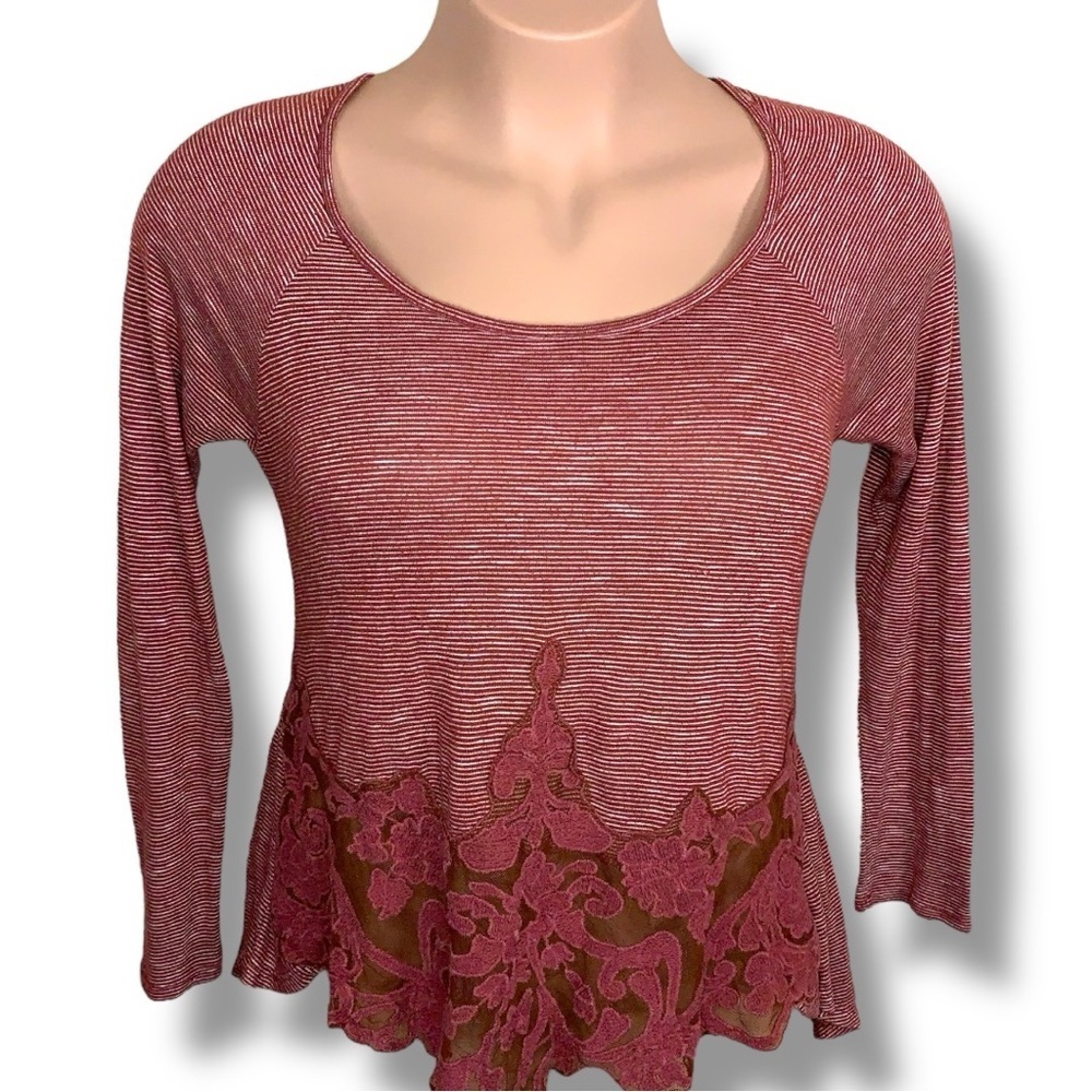 XL EUC Ldla L/S Stripe Shirt Lace Hem - Dark Rose